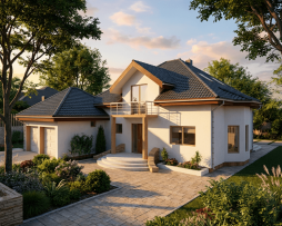 Projekat kuće Apis 2. Kuće sa potkrovljem i duplom garažom. Planovi kuća za komforan porodični život.