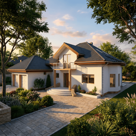 Projekat kuće Apis 2. Kuće sa potkrovljem i duplom garažom. Planovi kuća za komforan porodični život.