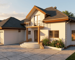 Projekat kuće Apis 2. Kuće sa potkrovljem i duplom garažom. Planovi kuća za komforan porodični život.