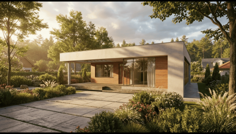 Projekti kuca: Moderna prizemna kuća sa ravnim krovom, drvenim oblogama i staklenim panelima u uređenom dvorištu.